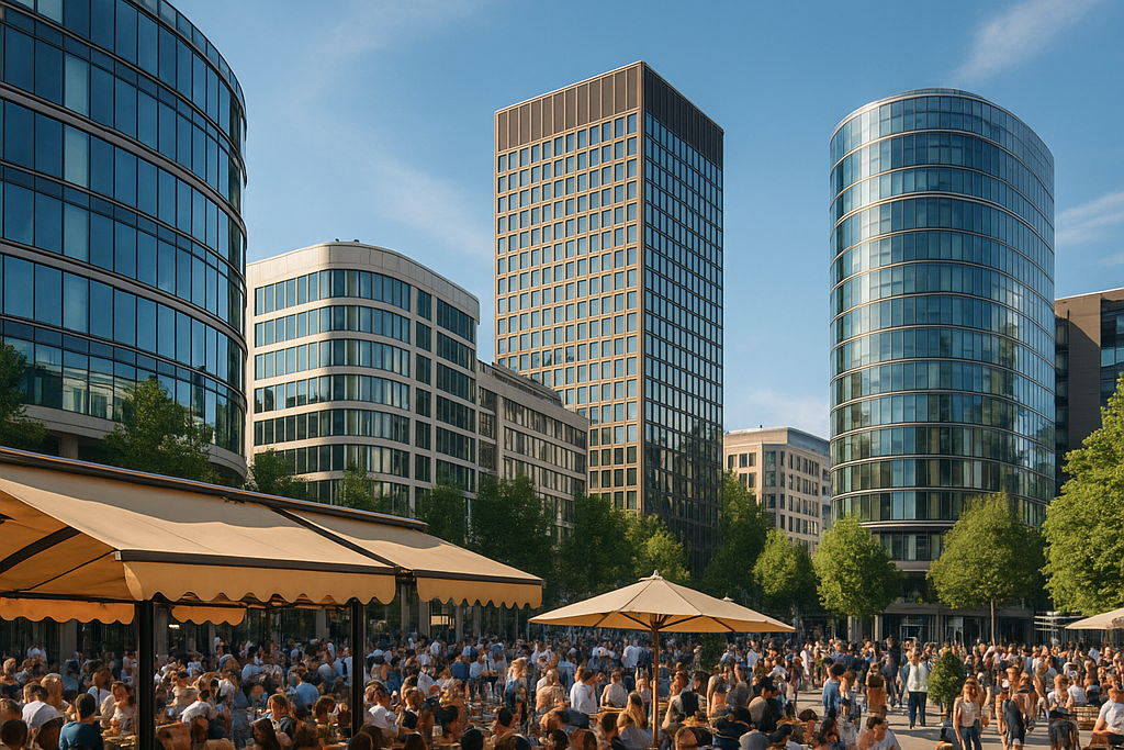 Büro- und Wohngebäude im Hintergrund und viele Personen im Vordergrund